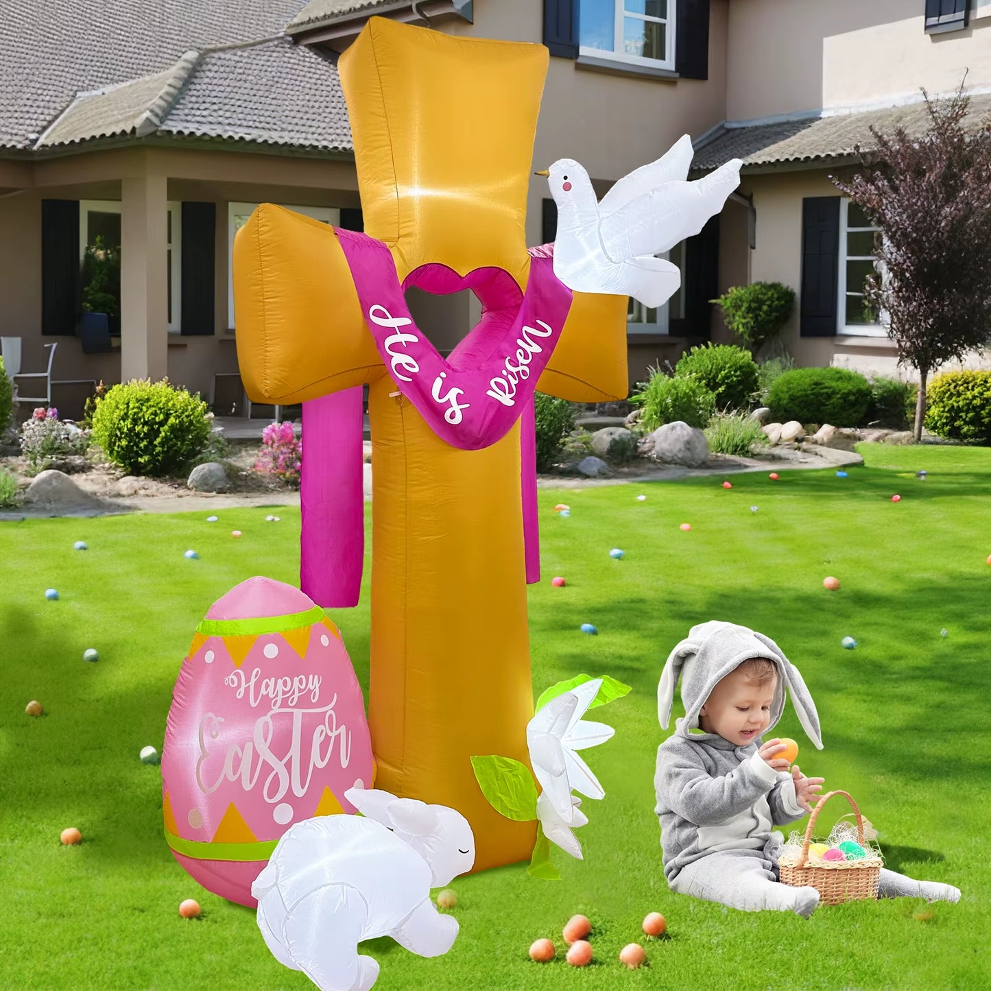 8Ft Easter Inflatables Outdoor Decorations Cross Inflatable Easter Bunny Blow up Yard Decoration with LED Light Christian Decor