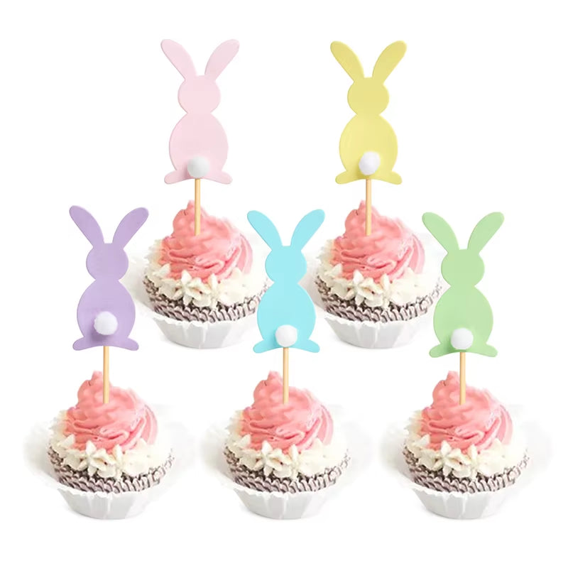 Cute Easter Bunny Ears Cupcake Toppers Happy Easter Rabbit Cake Topper Food Picks for Kids Birthday Easter Party Decorations