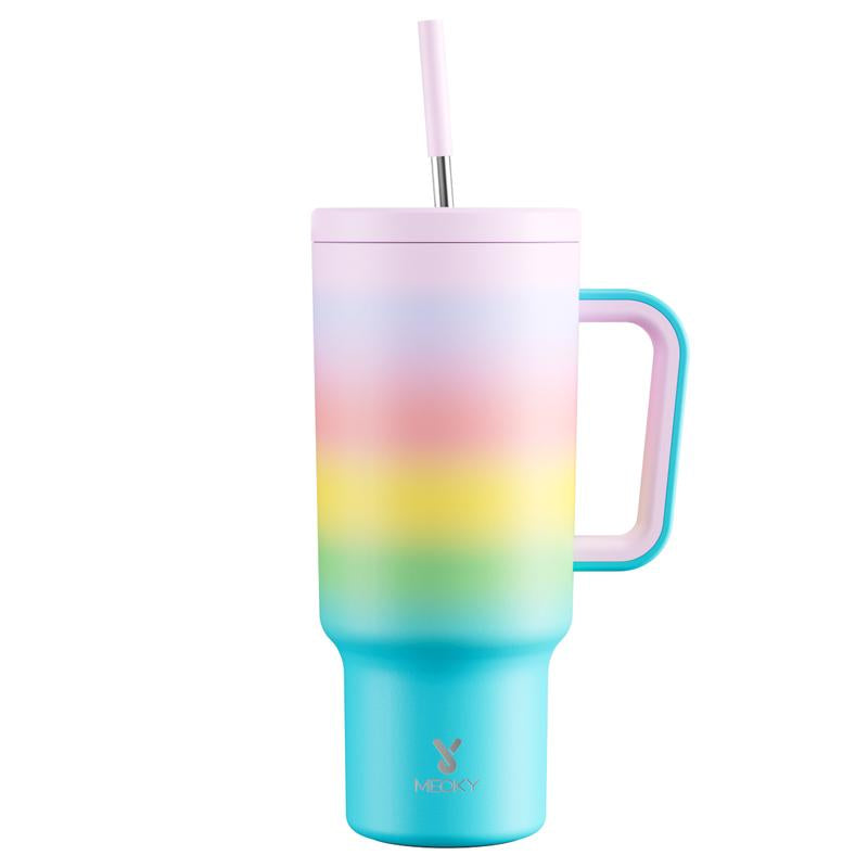 【24 Hour Shipping】Meoky Large-Capacity Stainless Steel Car Cup, Reusable Stainless Steel Straw, Anti-Slip and Noise-Reducing Silicone Pad, Tumbler Travel Mug/Cold Water for 24 Hours or Hot Water for 8 Hours,Suitable for Sports, Office, Christmas Gifts