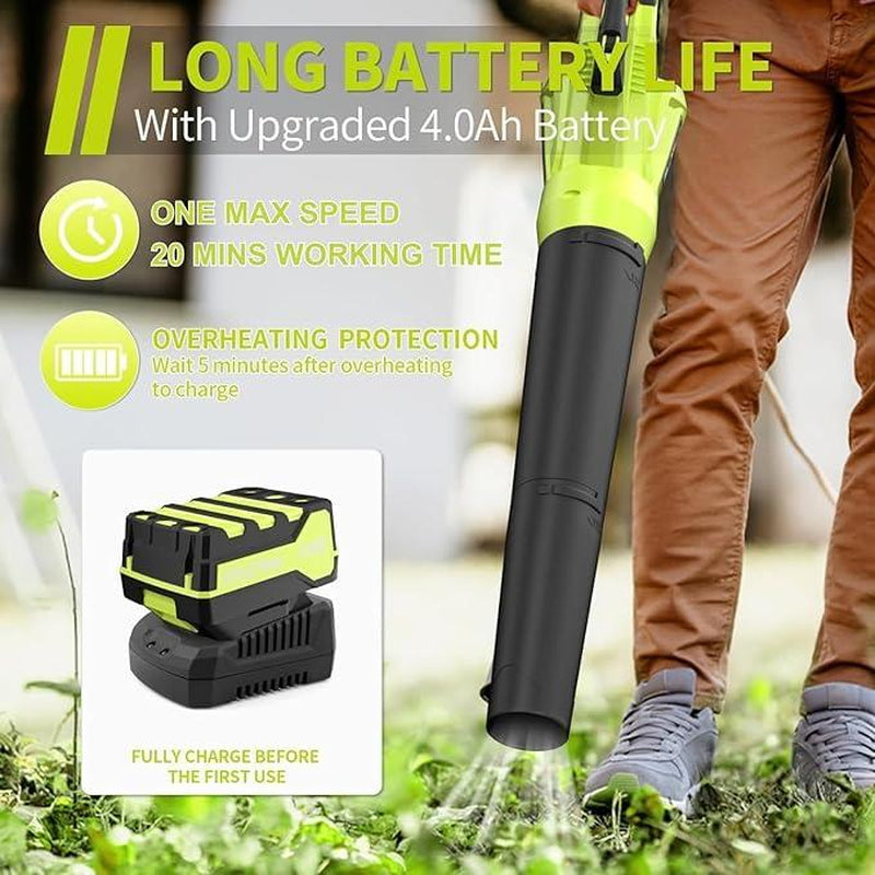 Leaf Blower 20V Leaf Blower Cordless with 4.0Ah Battery and Charger, High Power 400 CFM Electric Leaf Blower, Lightweight Handheld Cordless Blower for Lawn Care Yard Patio Garden Leaves Dust (Green) Handheld Blower AQ