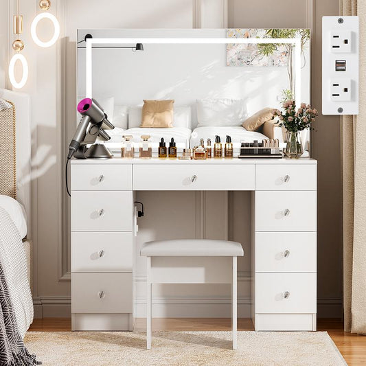 【Black Friday】Vowner 43" Makeup Vanity Desk with White Table Top,Lighted Mirror ,9 Drawers, Soft Cushioned Stool for Bedroom