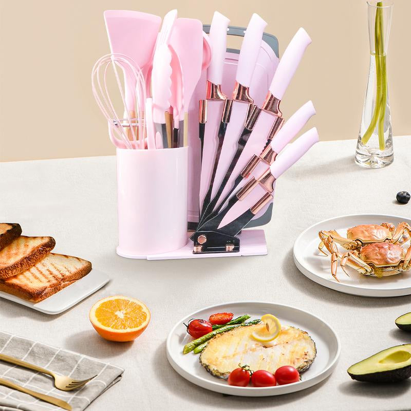 Pink Silicone Kitchen 20PCS Utensils Set with Knives Set and Block, Spatula Set, Baking and Cooking Utensils Set with Holder, Apartment Essentials Kitchen Tool Set