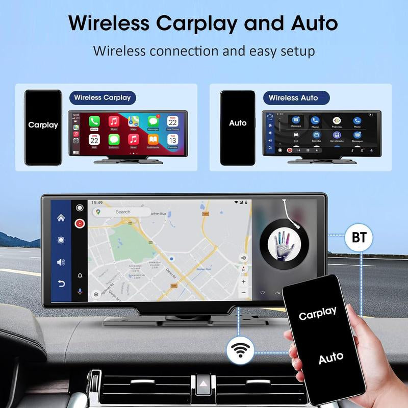 10.26 Inch Car Video Player, Wireless Portable Car Player with 2.5K Instrument Car Camera & 1080P Rearview Camera, Car Entertainment Player