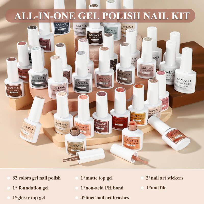 SAVILAND 42PCS Gel Nail Polish Kit, 32 Colors Fall Gel Polish Set Brown Black Glitter Soak off Gel Polish with PH Bond Base Top Matte & Glossy Polish Coat, Manicure Kit for Salon Home Day Gift Women Nail Art Nail Care