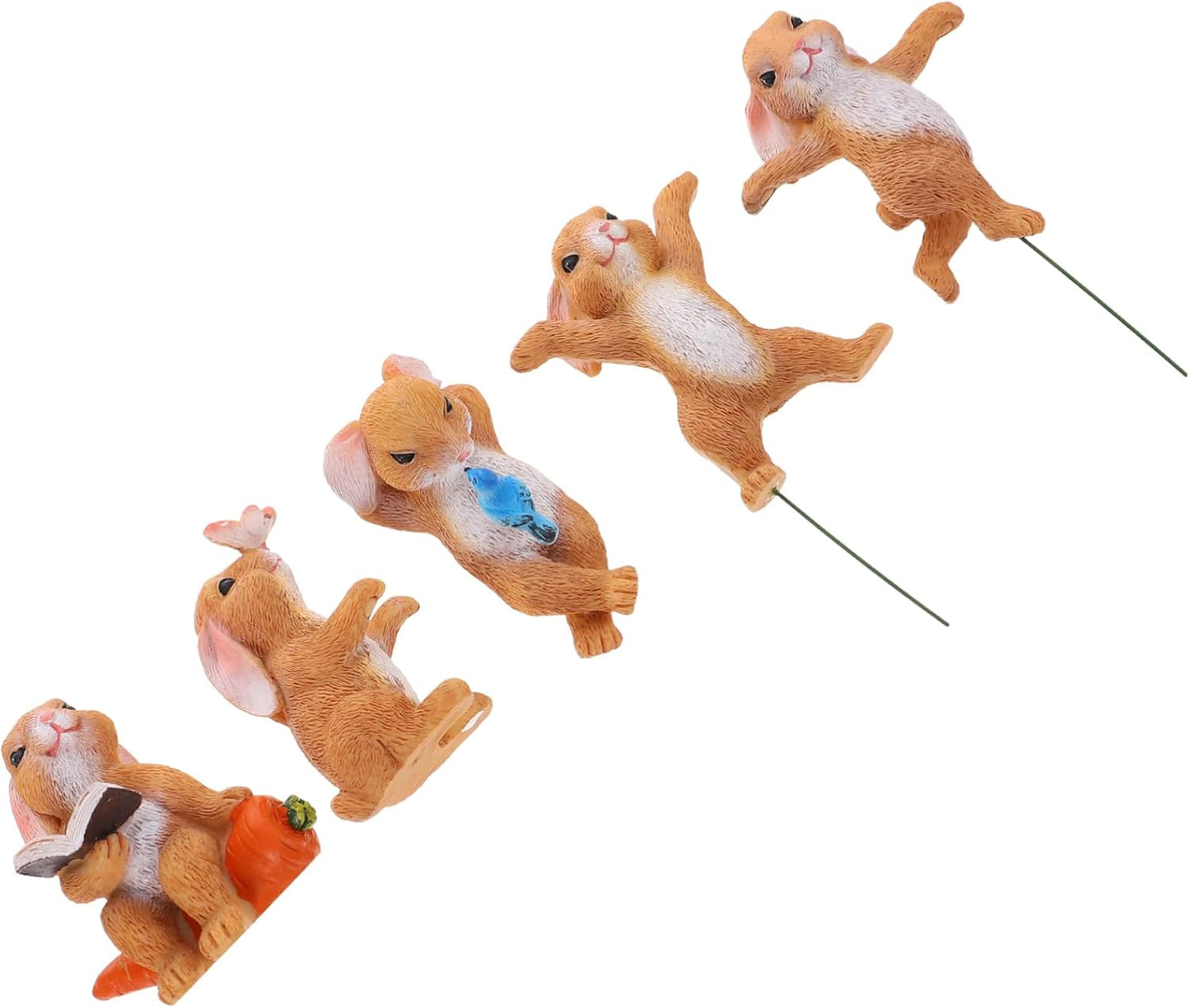 5Pcs Rabbit Ornament Forest Animals Figures Flower Pot Stakes Mini Bunny Figurines Easter Bunny Number Toys Bunny Stake Wild Animal Cake Decor Miniature Decorations Resin