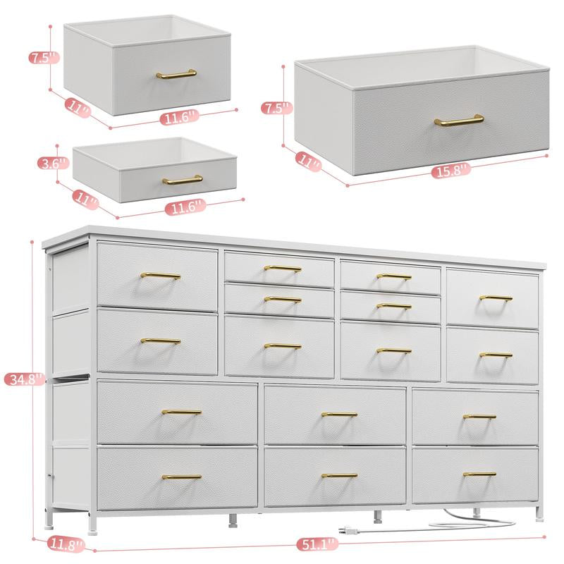 Raybee Furniture Wide Dresser with 16 Drawers, Multifunctional TV Stand with Charging Station & USB Ports for Living Room, Bedroom & Closet