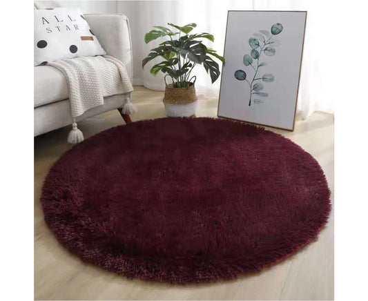 Floor round Fluffy Rug Living Room Bedroom Extra Soft Shaggy Carpet Coffee Table Wine Red 120*120Cm