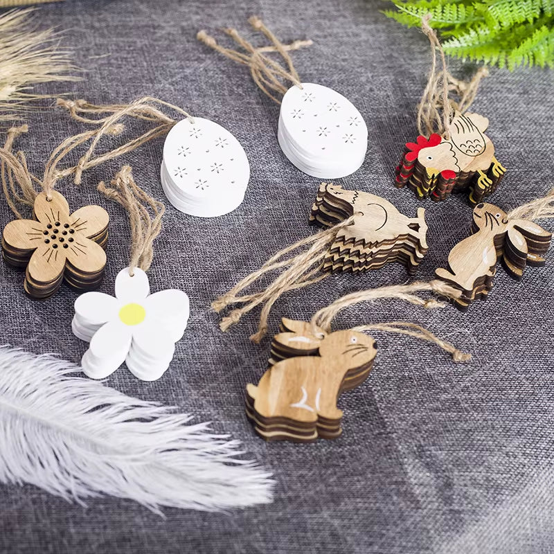 8PCS Easter Wooden Decoration Pendant Easter Rabbit Chick Eggs DIY Wood Crafts Happy Easter Party Home Decoration Kids Toys