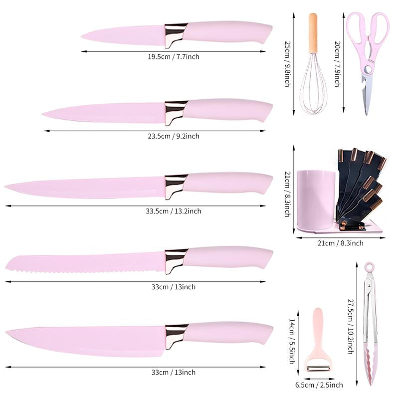 Pink Silicone Kitchen 20PCS Utensils Set with Knives Set and Block, Spatula Set, Baking and Cooking Utensils Set with Holder, Apartment Essentials Kitchen Tool Set