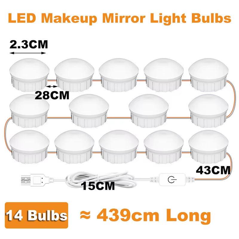 LED Makeup Mirror Light Bulbs USB Hollywood Vanity Make up Mirror Lights Bathroom Dressing Table Lighting Dimmable LED Wall Lamp