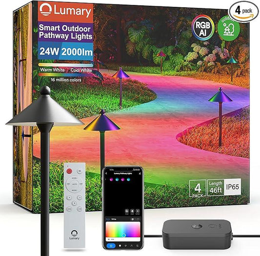 Lumary Smart Pathway Lights 2, 500LM RGBCW Color Changing Landscape Lights IP65 Waterproof, 4 Pack Wifi Low Voltage Landscape Lighting for Yard, Walkway, Driveway, App/Voice/Remote Control Pathway Light