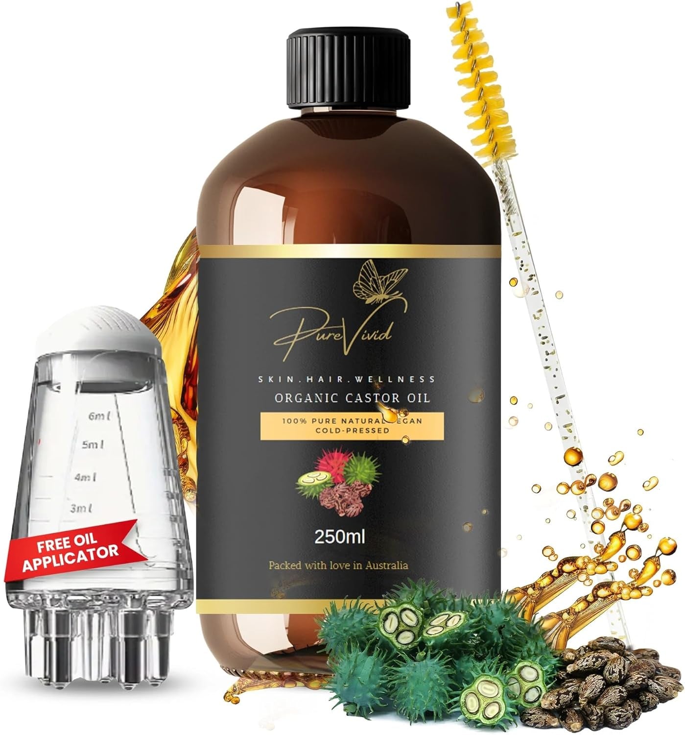 250Ml Organic Castor Oil – (OIL APPLICATOR - FREE) 100% Pure Cold-Pressed Oil for Hair Growth, Skin Moisturization, Eyelash and Eyebrows Enhancement | Multi-Purpose Beauty Solution | Hexane Free Cosmetics