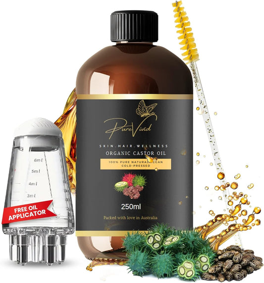 250Ml Organic Castor Oil – (OIL APPLICATOR - FREE) 100% Pure Cold-Pressed Oil for Hair Growth, Skin Moisturization, Eyelash and Eyebrows Enhancement | Multi-Purpose Beauty Solution | Hexane Free Cosmetics