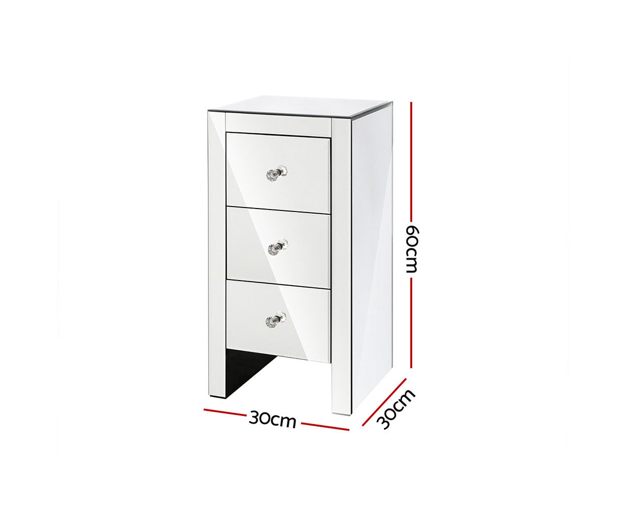 Bedside Table 3 Drawers Mirrored - QUENN Silver