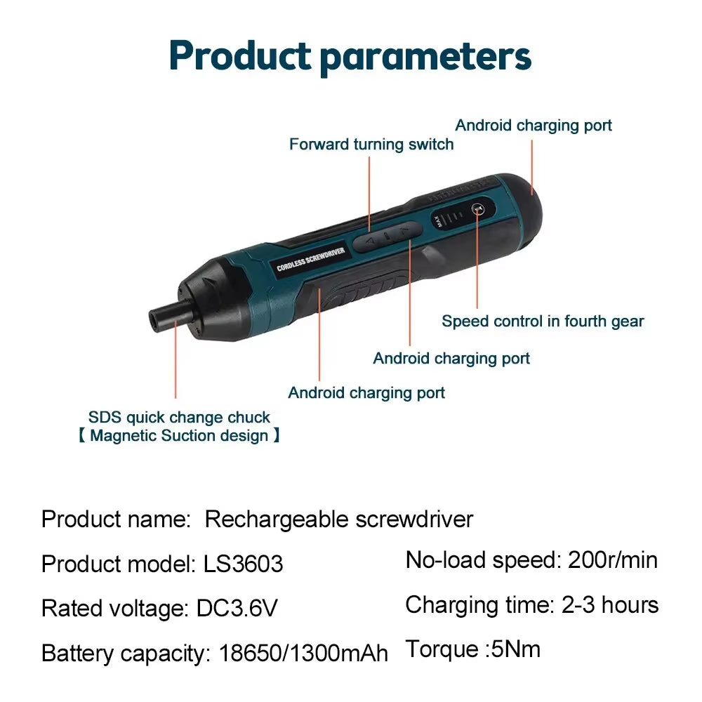 Mini Cordless Electric Screwdriver Rechargeable 1300Mah Power Drill Bits Set 3.6V Household Disassembly Torque Repair Tools Kit