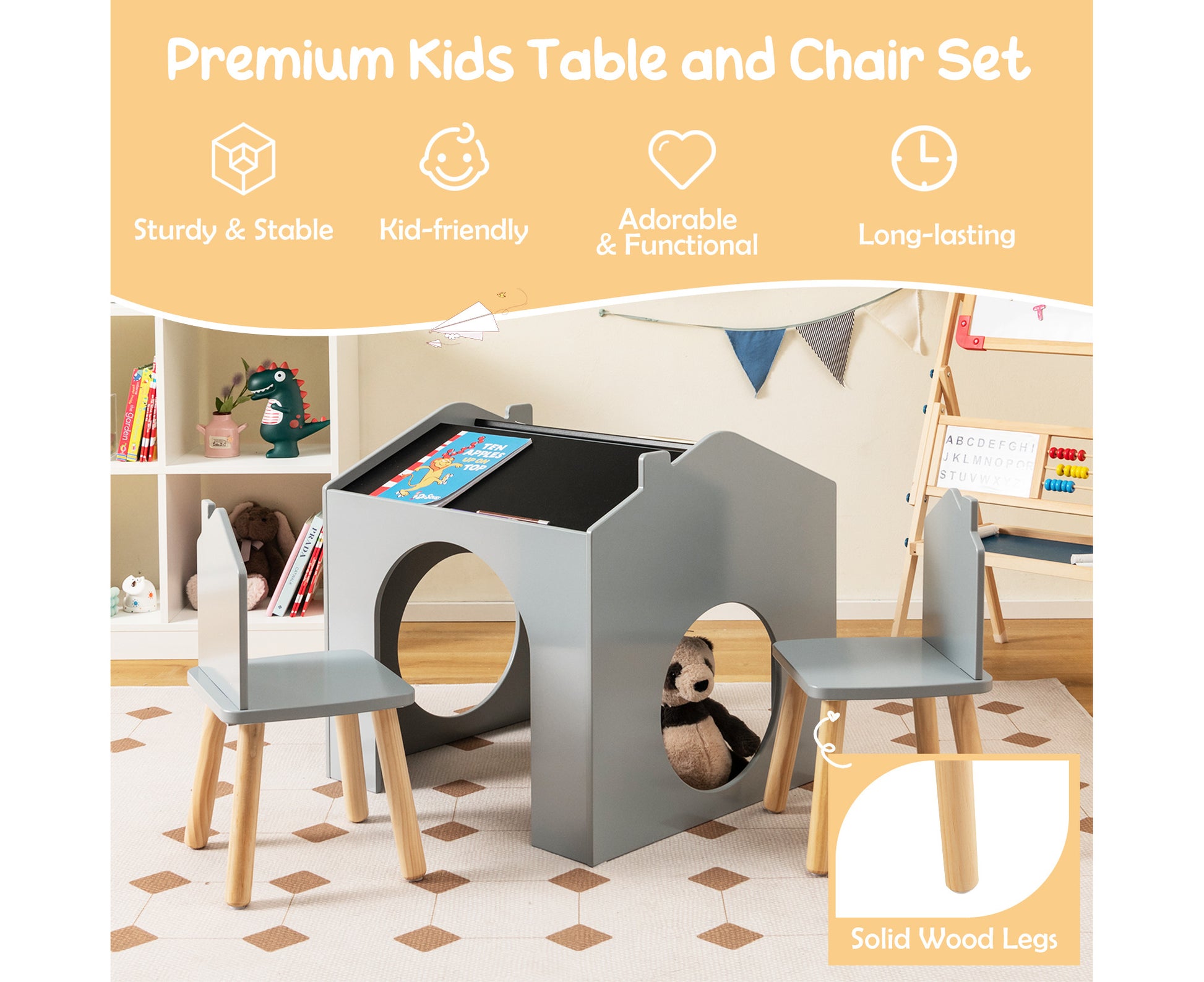 Kids Table & Chair Set 3 Pieces Wooden Activity Desk Set W/Chalkboards Children Furniture Play Set Gift for Boys & Girls Grey