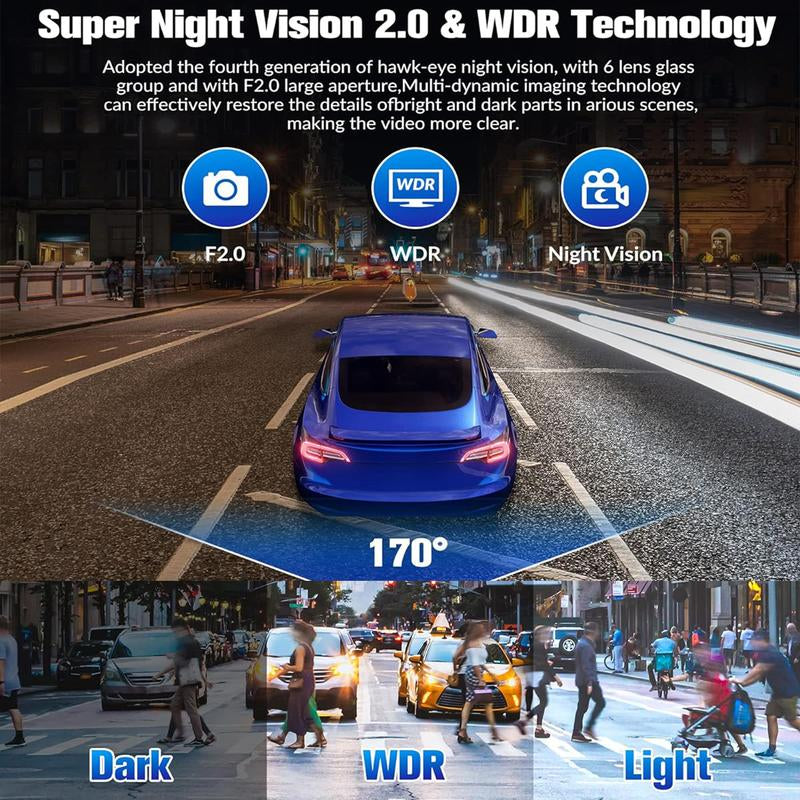 Dash Camera for Cars,4K Full UHD Car Camera Front Rear with Free 32GB SD Card,Built-In Super Night Vision,2.0 IPS Screen,170Wide Angle,Wdr, 24H Parking Mode, Loop Recording,Driving Recorder,Trafficcamera,Dashcam,Dash Cam Videos 4K SD