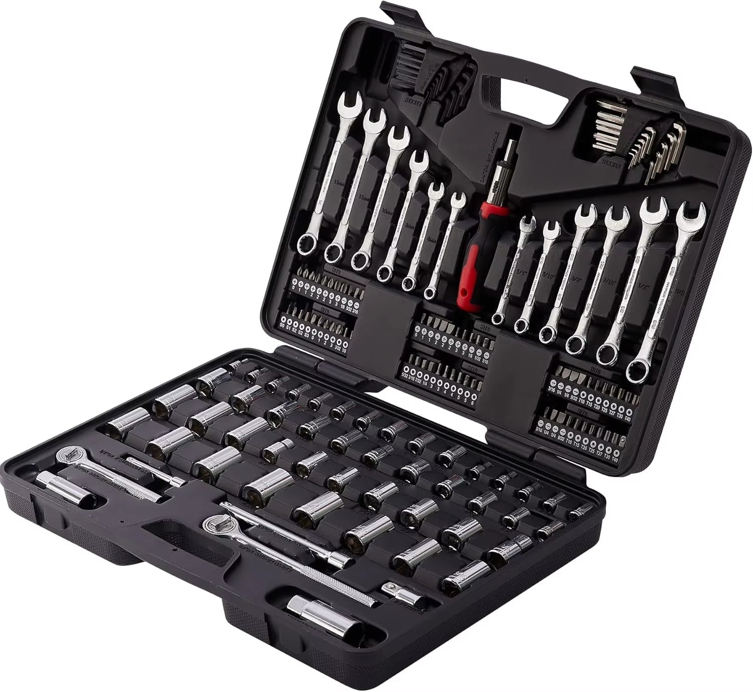 161 Piece MECHMAX Mechanic Tool Socket Set 1/2, 3/8 and 1/4 Inch Drive SAE & Metric Size W/ Tool Box Storage Case USA