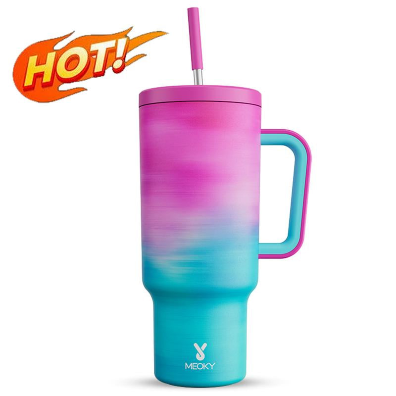 【24 Hour Shipping】Meoky Large-Capacity Stainless Steel Car Cup, Reusable Stainless Steel Straw, Anti-Slip and Noise-Reducing Silicone Pad, Tumbler Travel Mug/Cold Water for 24 Hours or Hot Water for 8 Hours,Suitable for Sports, Office, Christmas Gifts