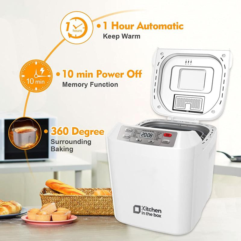 Automatic Bread Maker, up to 2LB, 12-In-1 Bread Machine with Auto Fruit Nut Dispenser, 13 H Timer, 1 H Keep Warm, Gluten-Free, 3 Crust Colors, White