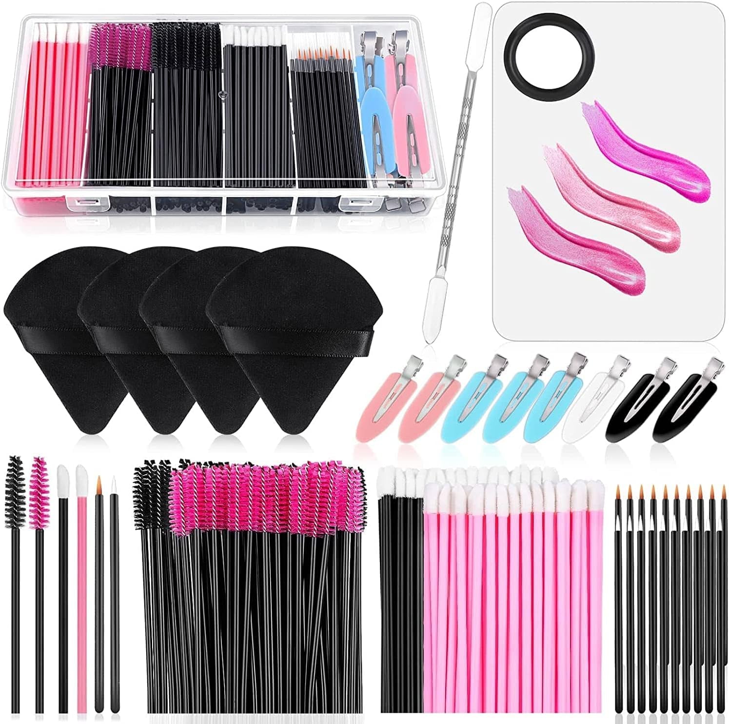 Disposable Makeup Applicators Kit with Triangle Makeup Puff Makeup Mixing Palette Makeup Artist Supplies Disposable Mascara Wands, Lip Brushes, Hair Clips Powder Puffs for Face with Storage Box