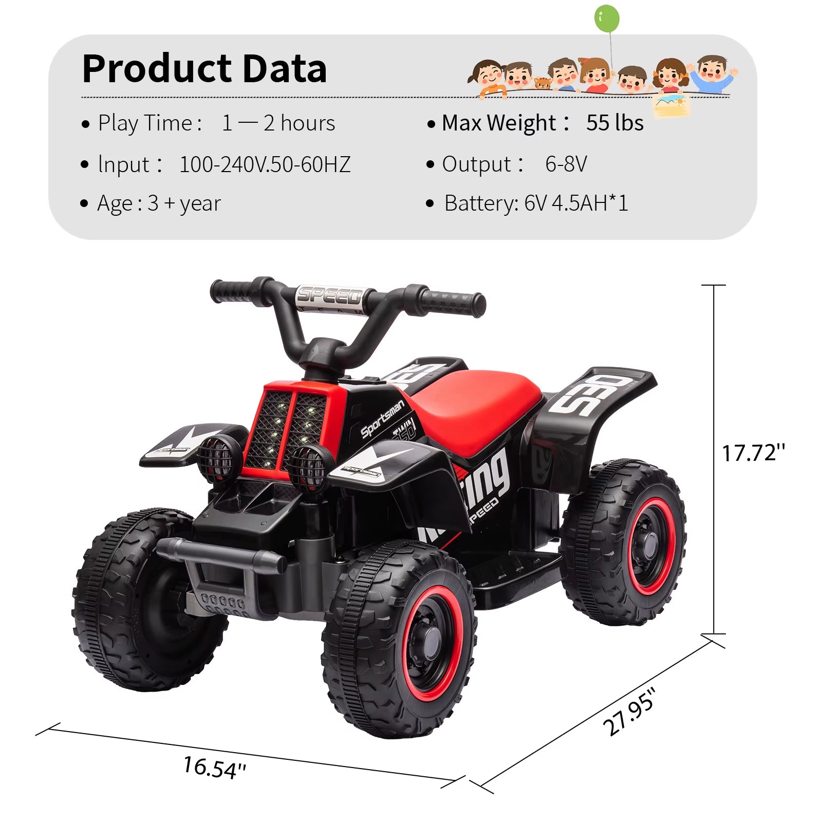 Kids Ride on ATV, 6V Ride on Car with Led Headlights, Ride-On Toy Treaded Tires, Rubber Handles, Push-Button Accelerator