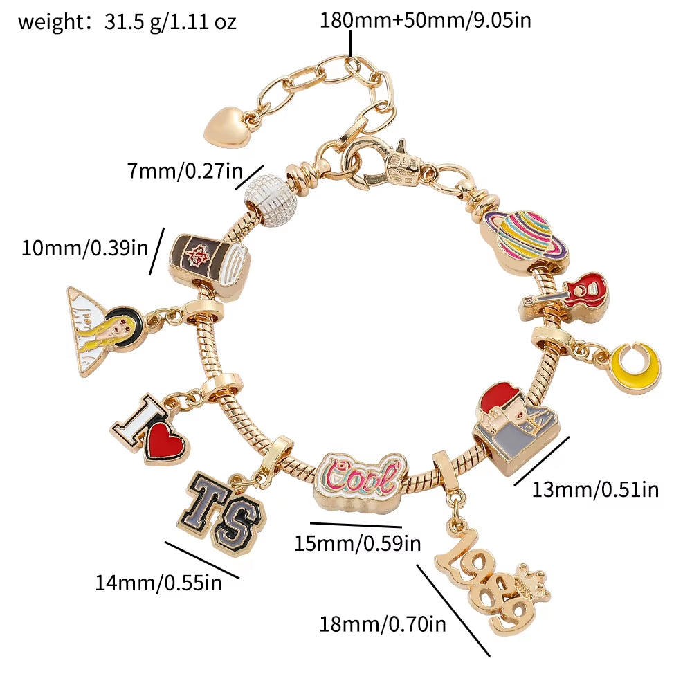 Taylor the Swift Charm Bracelet Lover Speak Now Midnight Reputation Music Album Pendants Dangle Bangle Jewelry Gifts for Fans