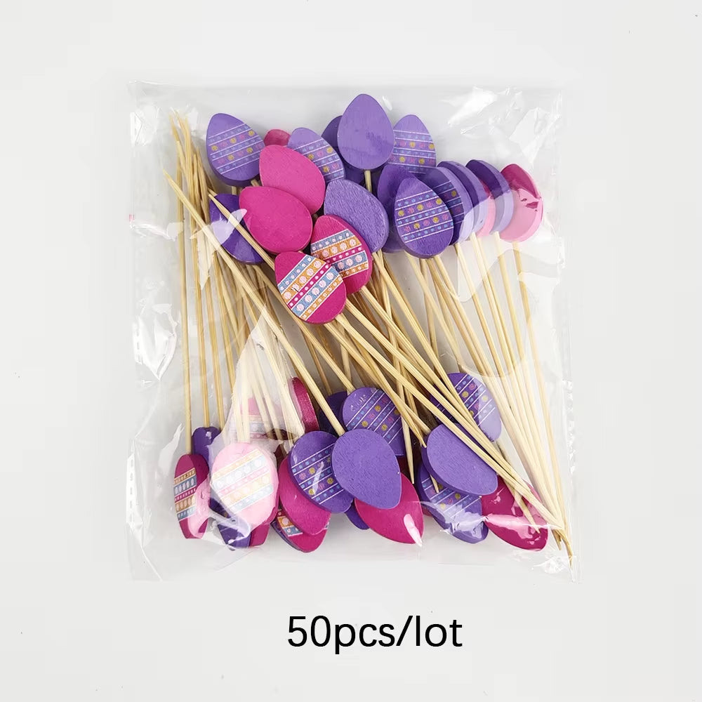 50/100Pcs Easter Disposable Bamboo Skewers Rabbit Easter Eggs Fruit Fork Food Picks Sandwich Buffet Stick Easter Decoration 2025