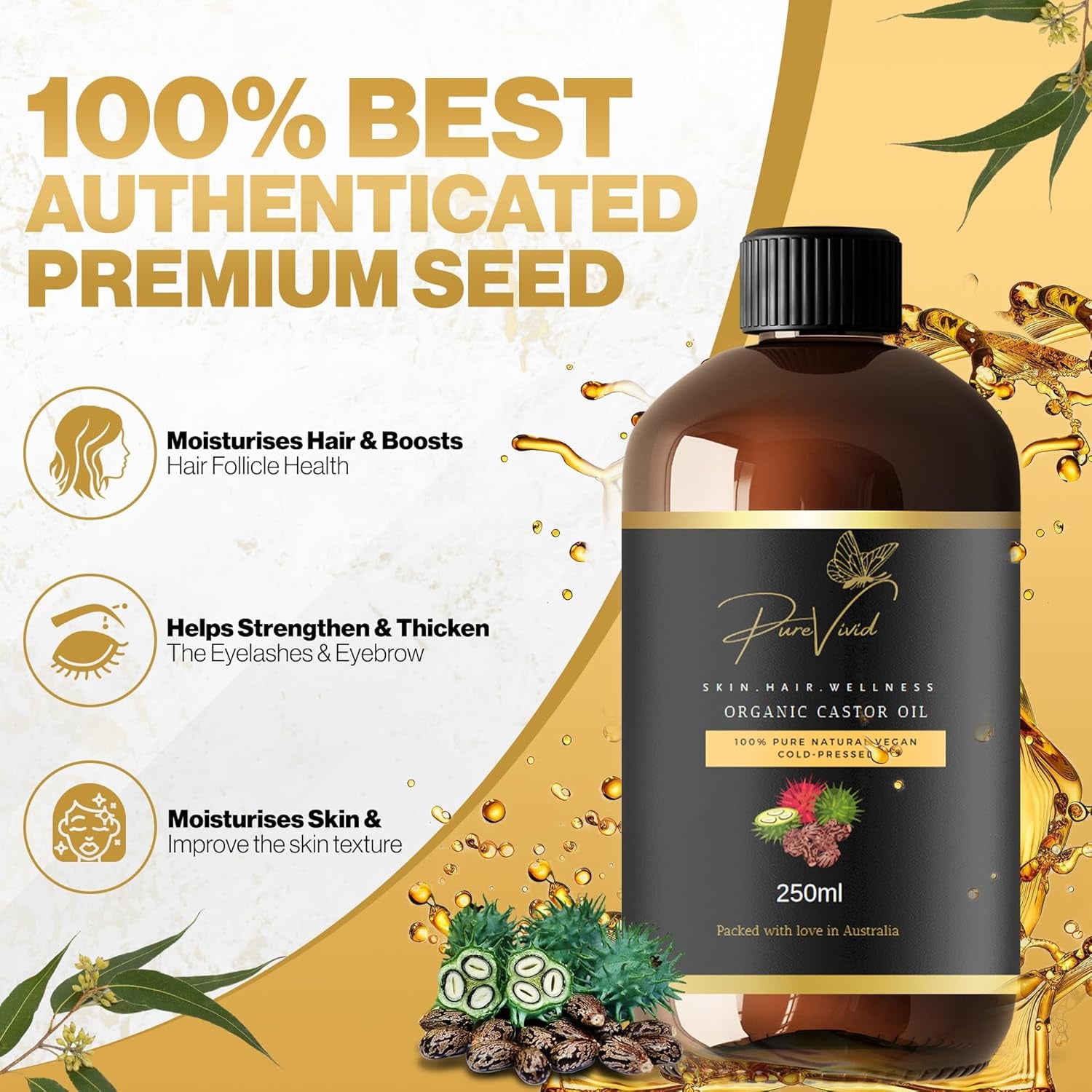 250Ml Organic Castor Oil – (OIL APPLICATOR - FREE) 100% Pure Cold-Pressed Oil for Hair Growth, Skin Moisturization, Eyelash and Eyebrows Enhancement | Multi-Purpose Beauty Solution | Hexane Free Cosmetics