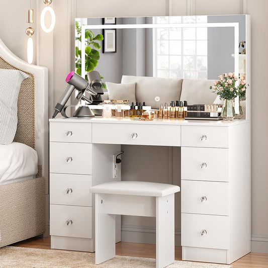 【Black Friday】Vowner 43" Makeup Vanity Desk with White Table Top,Lighted Mirror ,9 Drawers, Soft Cushioned Stool for Bedroom