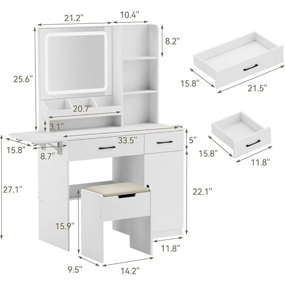 Vanity Desk with Mirror and Light, Makeup Vanity with Charging Station & Storage Stool, Vanity Table with 3 Drawers