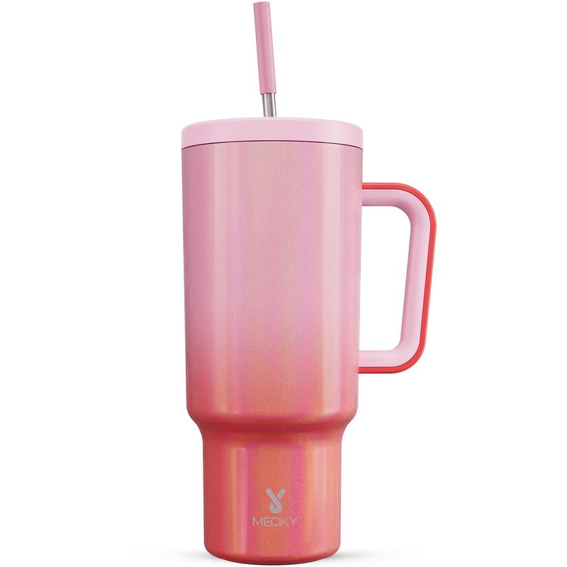 【24 Hour Shipping】Meoky Large-Capacity Stainless Steel Car Cup, Reusable Stainless Steel Straw, Anti-Slip and Noise-Reducing Silicone Pad, Tumbler Travel Mug/Cold Water for 24 Hours or Hot Water for 8 Hours,Suitable for Sports, Office, Christmas Gifts