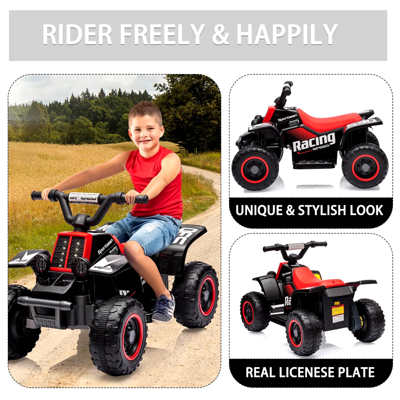 Kids Ride on ATV, 6V Ride on Car with Led Headlights, Ride-On Toy Treaded Tires, Rubber Handles, Push-Button Accelerator