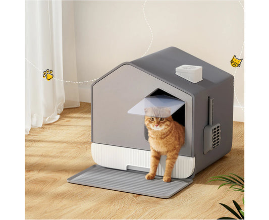 I.Pet Cat Litter Box Large Tray Kitty Toilet Fully Enclosed House Hooded Scoop Mat Grey