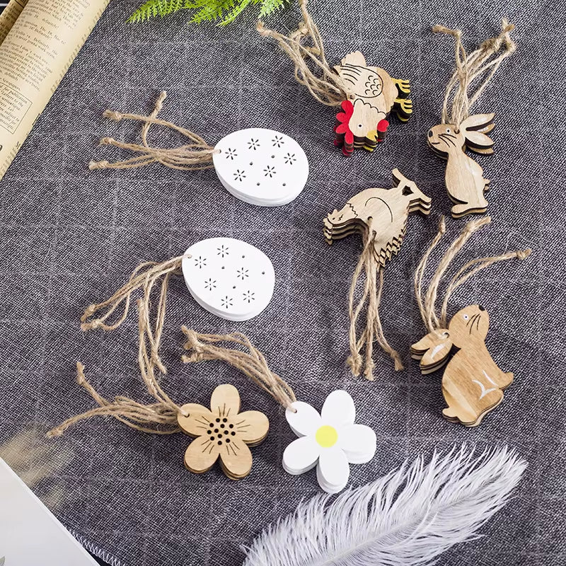 8PCS Easter Wooden Decoration Pendant Easter Rabbit Chick Eggs DIY Wood Crafts Happy Easter Party Home Decoration Kids Toys