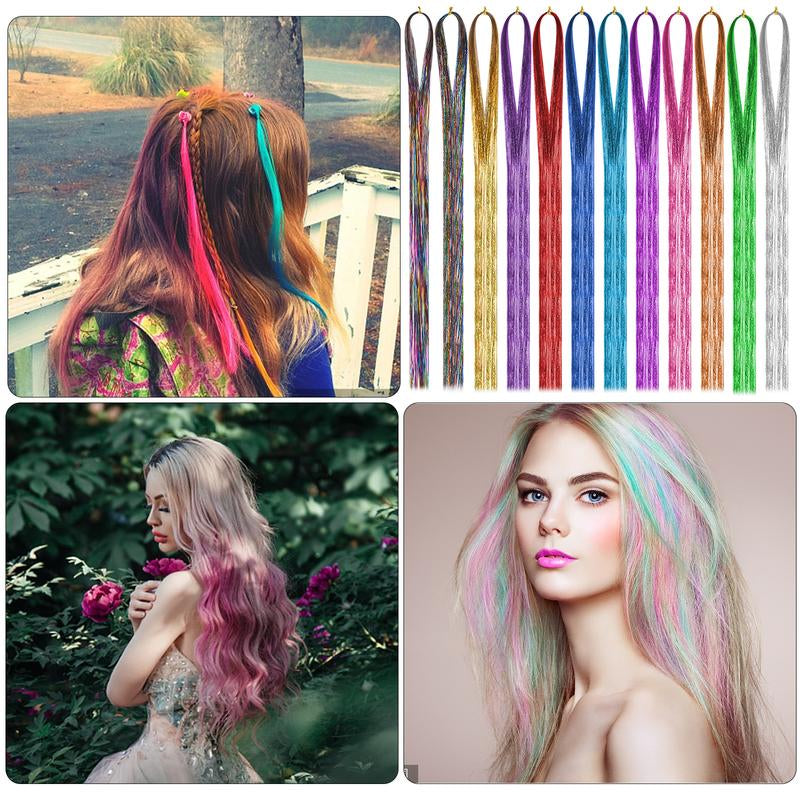 12 Pcs Colourful Hair Strands, Braided Hair Extensions, Colourful Hair Extensions, Straight Wigs Extensions, Rainbow Hair Strands, Colourful Hair Strands for Women, Girls