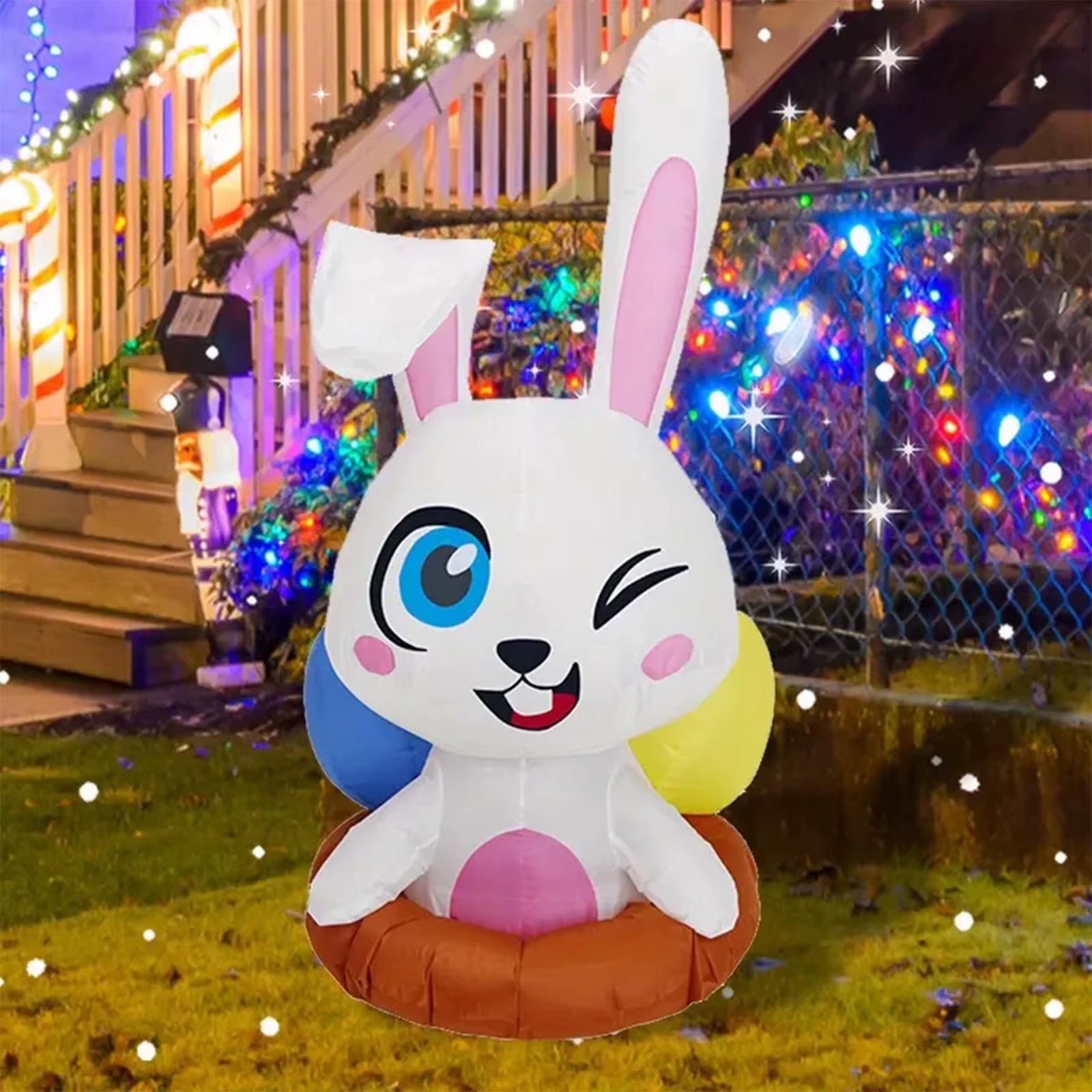 4FT Easter Inflatable Half Bunny Outer Yard Decoration Build-In LED Lights Holiday Blow up Yard Decor, for Easter Holiday Party