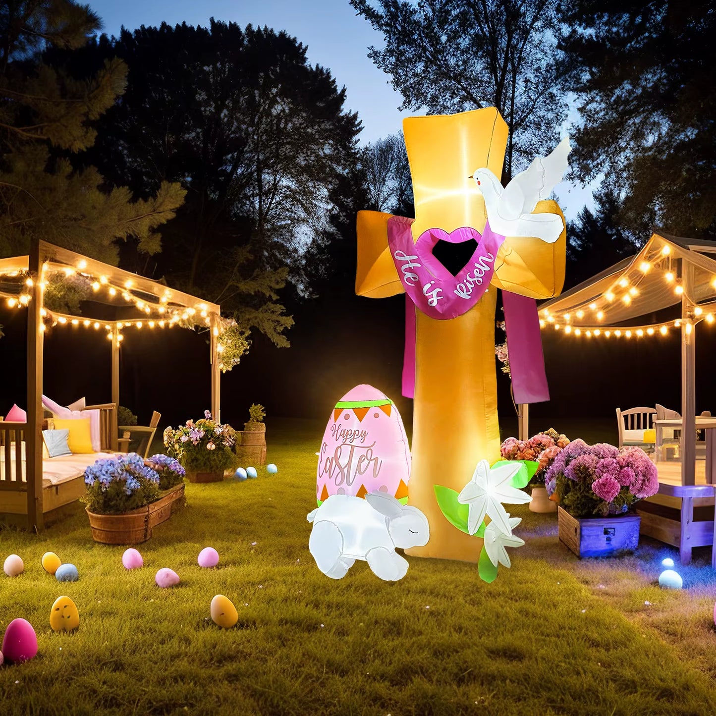 8Ft Easter Inflatables Outdoor Decorations Cross Inflatable Easter Bunny Blow up Yard Decoration with LED Light Christian Decor