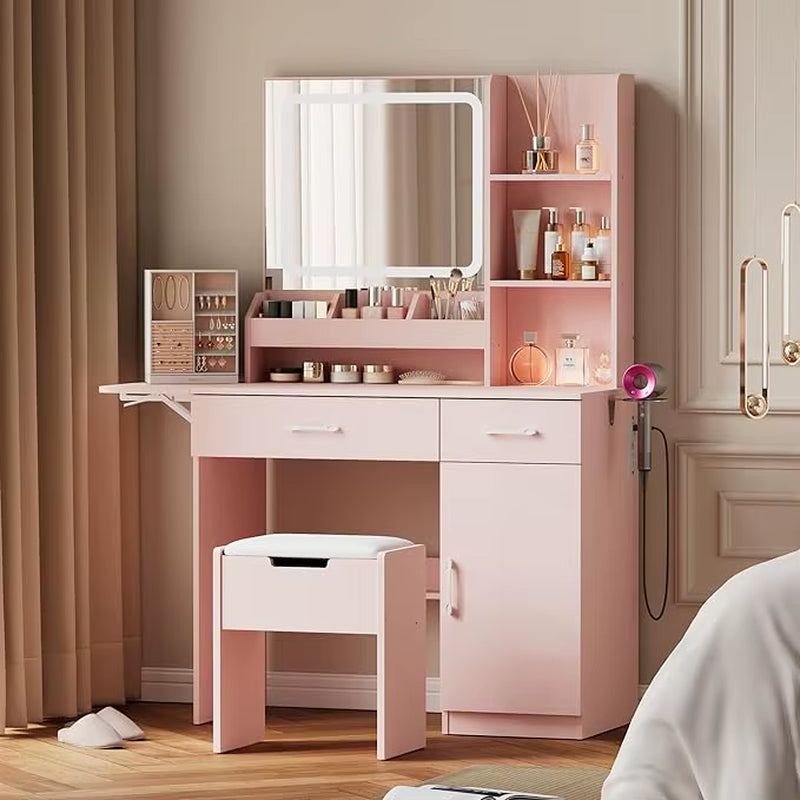 Vanity Desk with Mirror and Light, Makeup Vanity with Charging Station & Storage Stool, Vanity Table with 3 Drawers