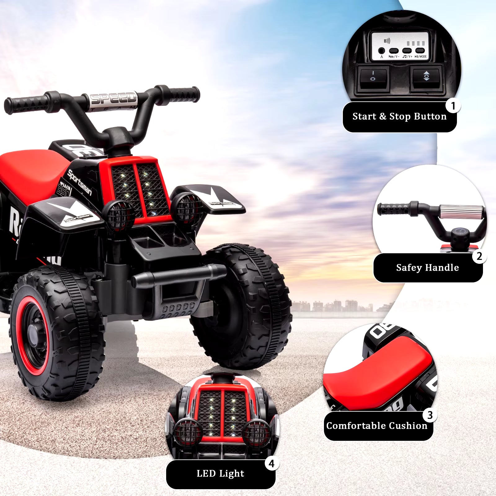 Kids Ride on ATV, 6V Ride on Car with Led Headlights, Ride-On Toy Treaded Tires, Rubber Handles, Push-Button Accelerator