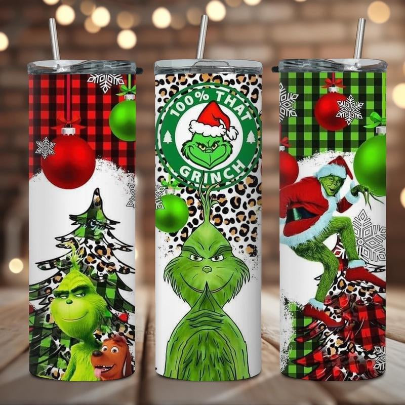 100% Green Christmas Plaid 20 Oz Tumbler Bottle Drinkware Plastic Water Bottles Straw Winter