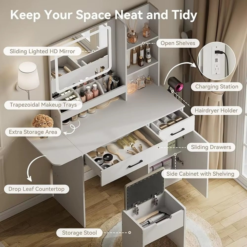 Vanity Desk with Mirror and Light, Makeup Vanity with Charging Station & Storage Stool, Vanity Table with 3 Drawers