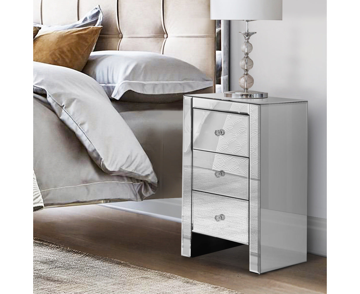 Bedside Table 3 Drawers Mirrored - QUENN Silver