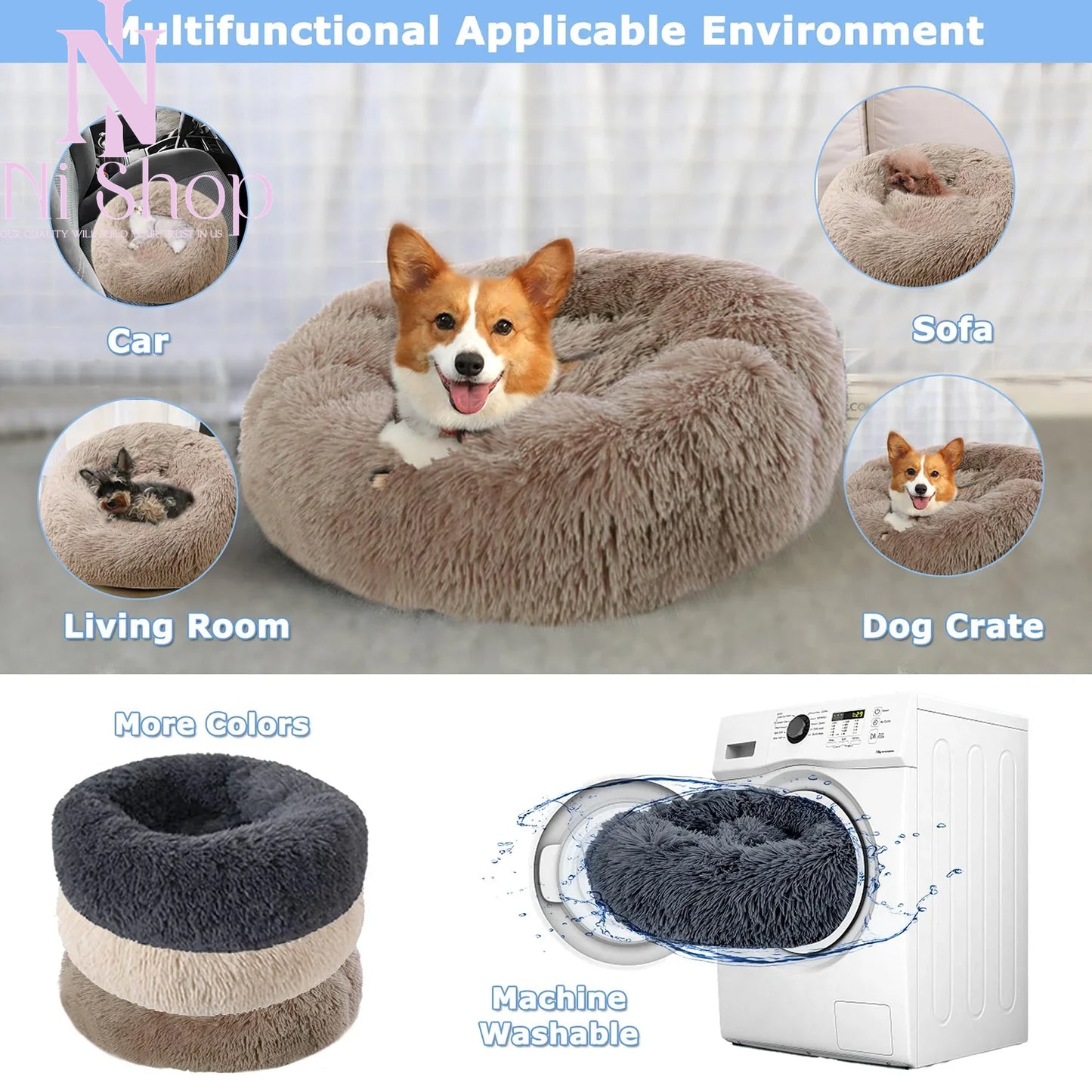 Pet Dog Bed Plush Full Size Washable Calm Bed Donut Cat Bed Comfortable Sleeping