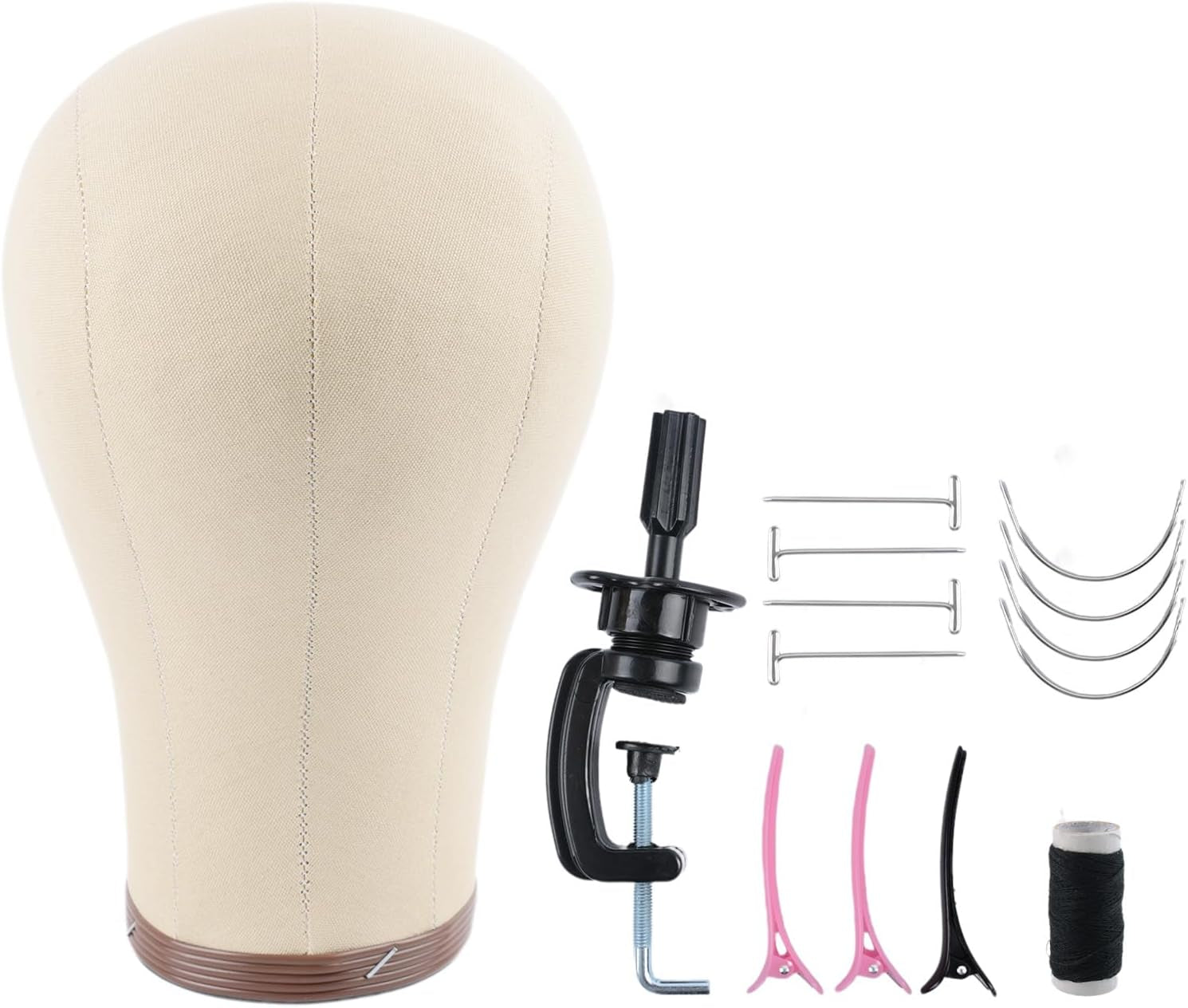 22 Inch Canvas Block Mannequin Head Wig Display,Canvas Head+Head Stand+T Pins+Wig Cap+Needles+Lines