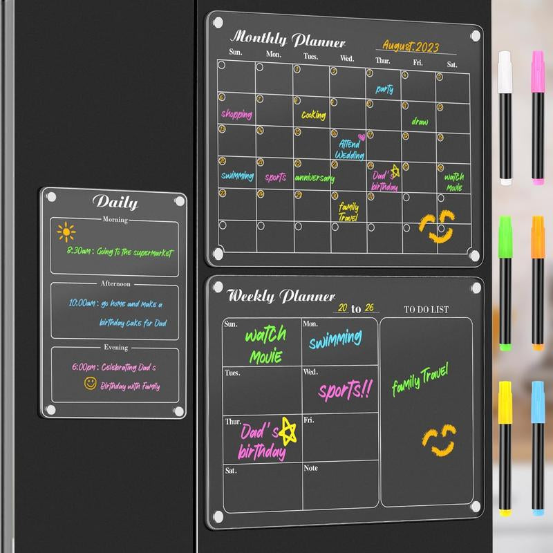 4Pcs Acrylic Magnetic Dry Erase Calendar for Fridge, Clear Acrylic Calendar Planning Board Set Magnetic Weekly Monthly Planner Menu for Refrigerator with 6 Highlight Markers Decor Metal