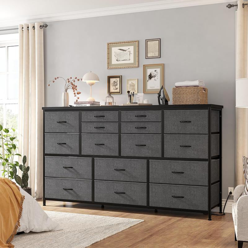 Raybee Furniture Wide Dresser with 16 Drawers, Multifunctional TV Stand with Charging Station & USB Ports for Living Room, Bedroom & Closet