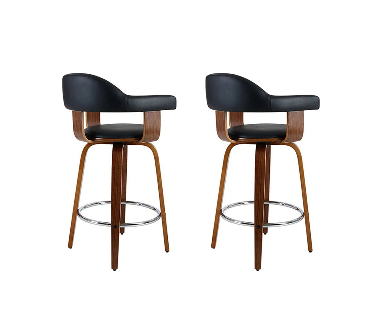 2X Bar Stools Leather Seat Wooden Legs