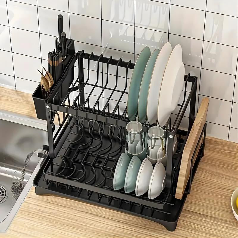 2-Tier Dish Drying Rack, Dish Drying Organiser with Drainboard,Detachable Dish Drainer Organizer, ,Kitchen Cutlery Room Organizer,