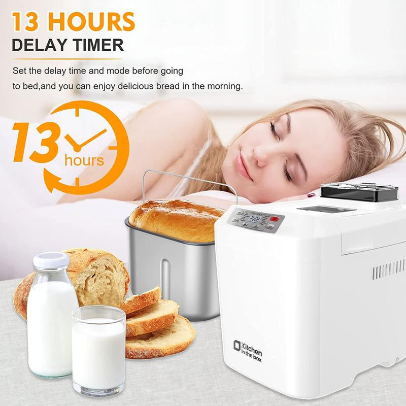 Automatic Bread Maker, up to 2LB, 12-In-1 Bread Machine with Auto Fruit Nut Dispenser, 13 H Timer, 1 H Keep Warm, Gluten-Free, 3 Crust Colors, White